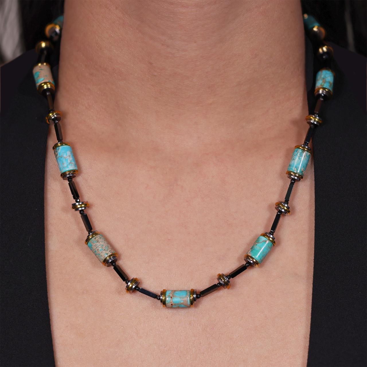 Turquoise and hematite beads necklace with gold-plated silver fittings from the Carmela Cerrone Collection