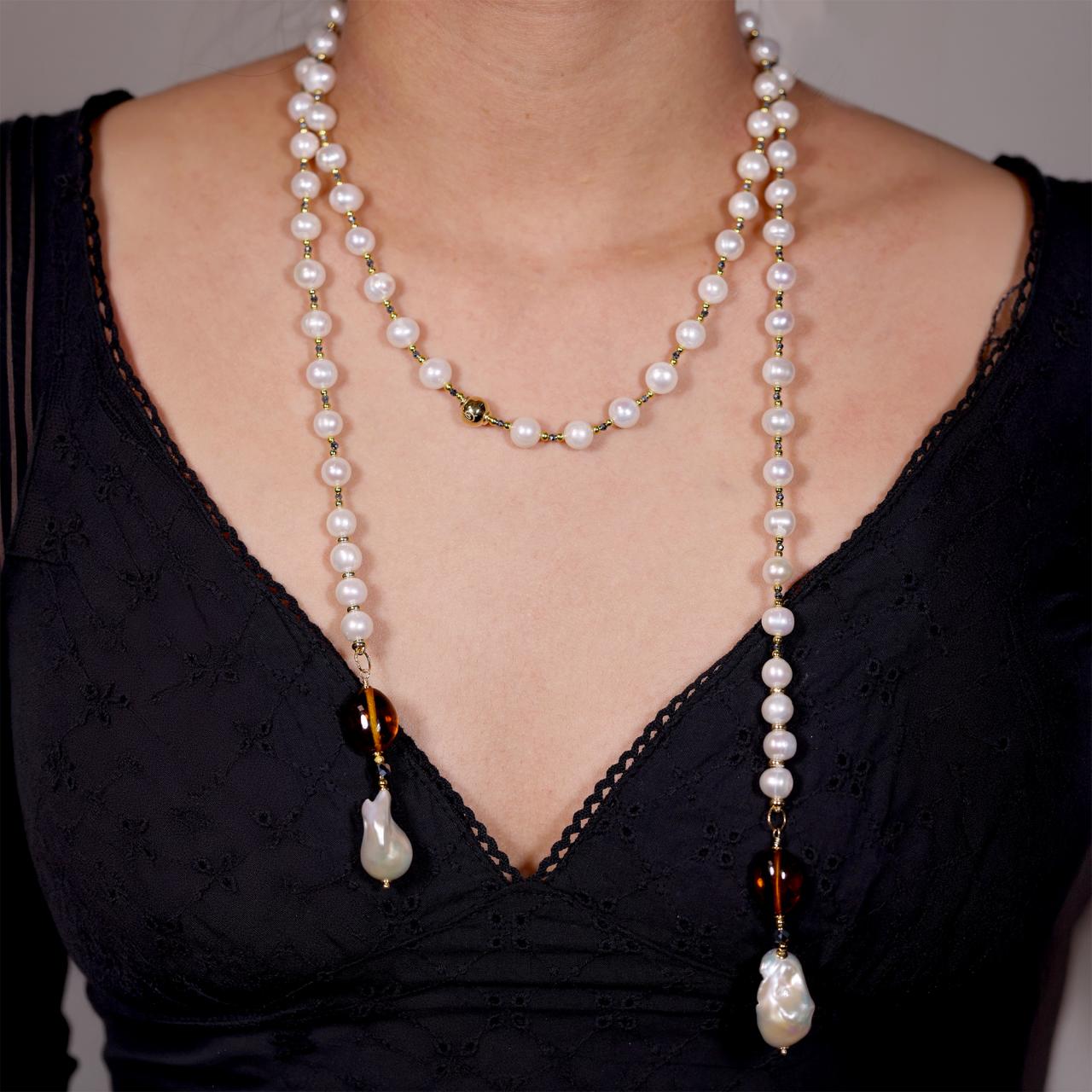 Fresh water pearls, Terahertz and amber beads necklace with gold-plated silver fittings on the neck