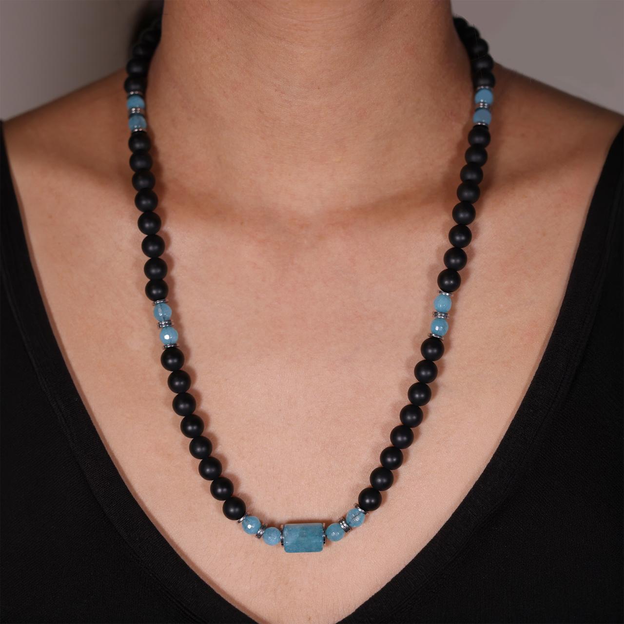 Onyx and aquamarine beads necklace with gold-plated silver fittings from the Carmela Cerrone Collection