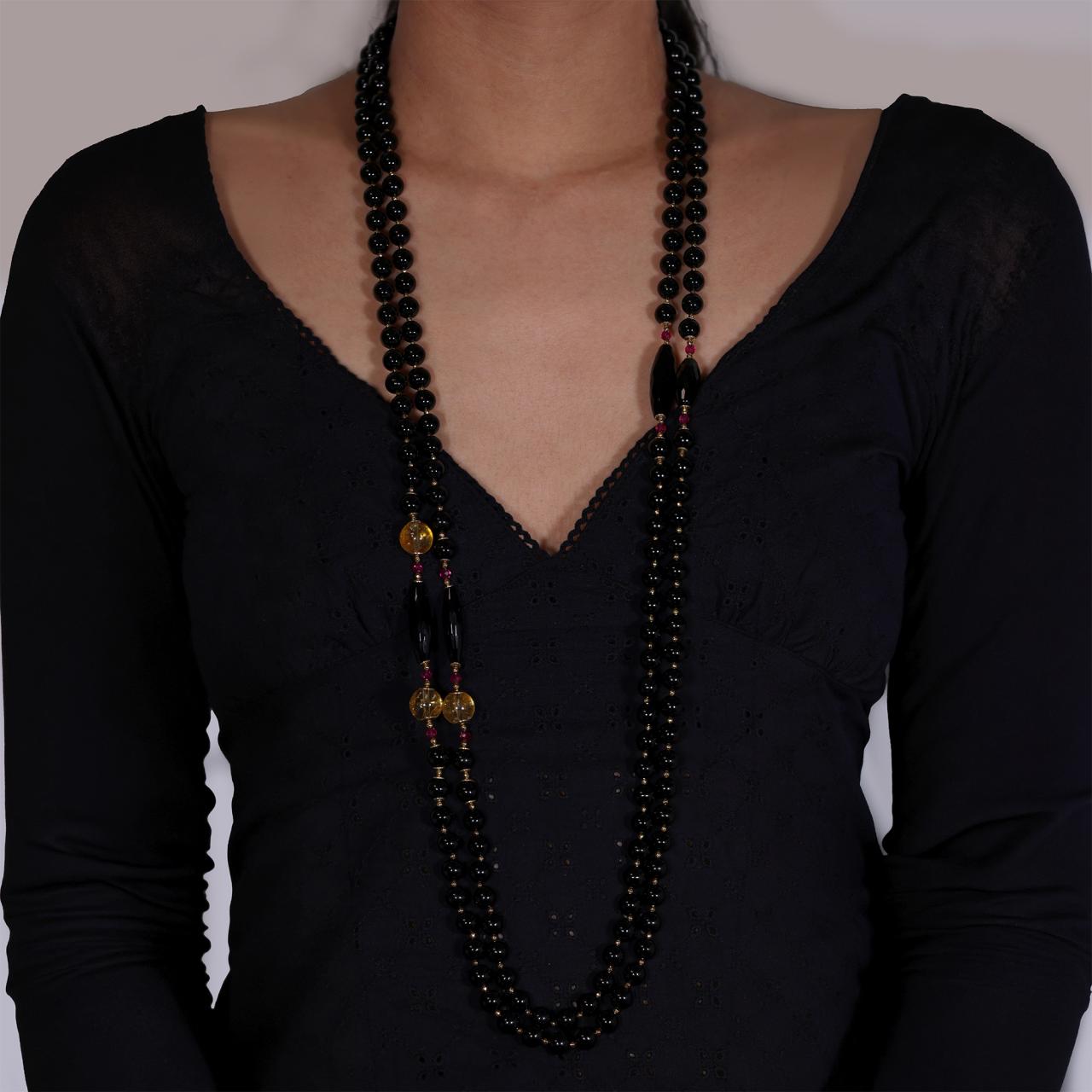 Onyx, Citrine and rubellite beads necklace with gold-plated silver fittings from the Carmela Cerrone Collection