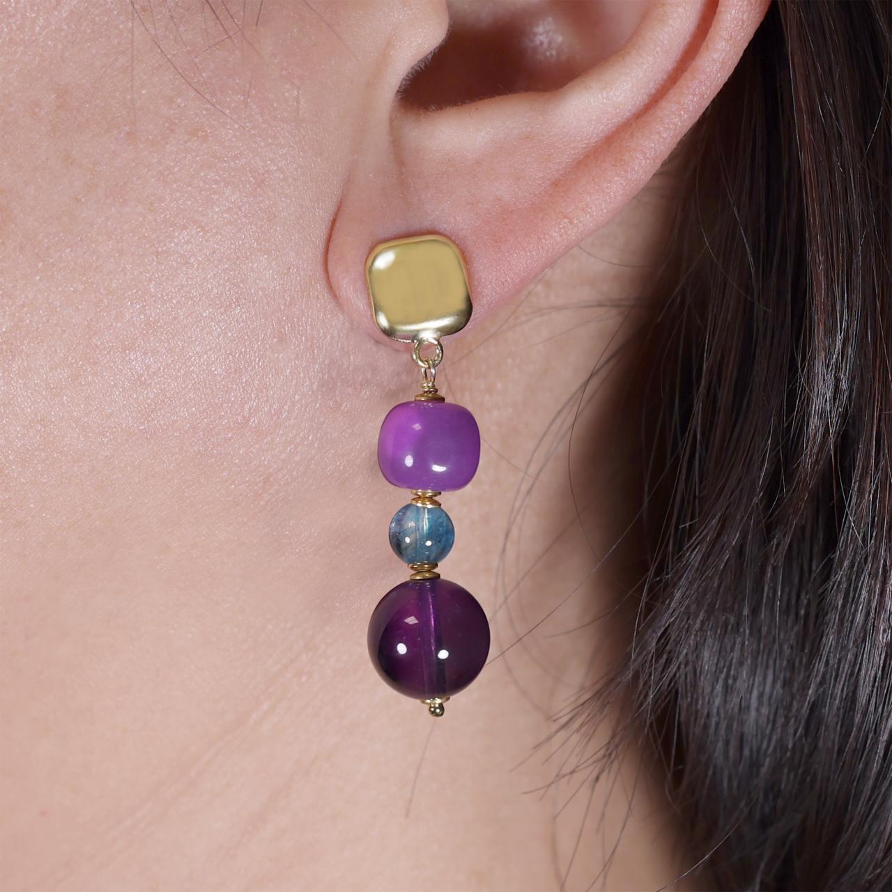 Amethyst, quartz and jade beads drop earrings with gold-plated silver fittings from the Carmela Cerrone Collection