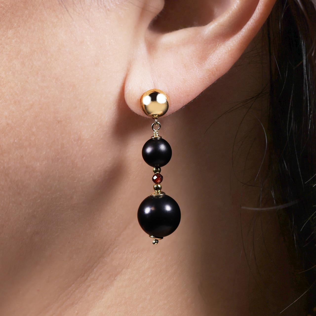 Onyx, garnet and hematite beads drop earrings with gold-plated silver fittings from the Carmela Cerrone Collection