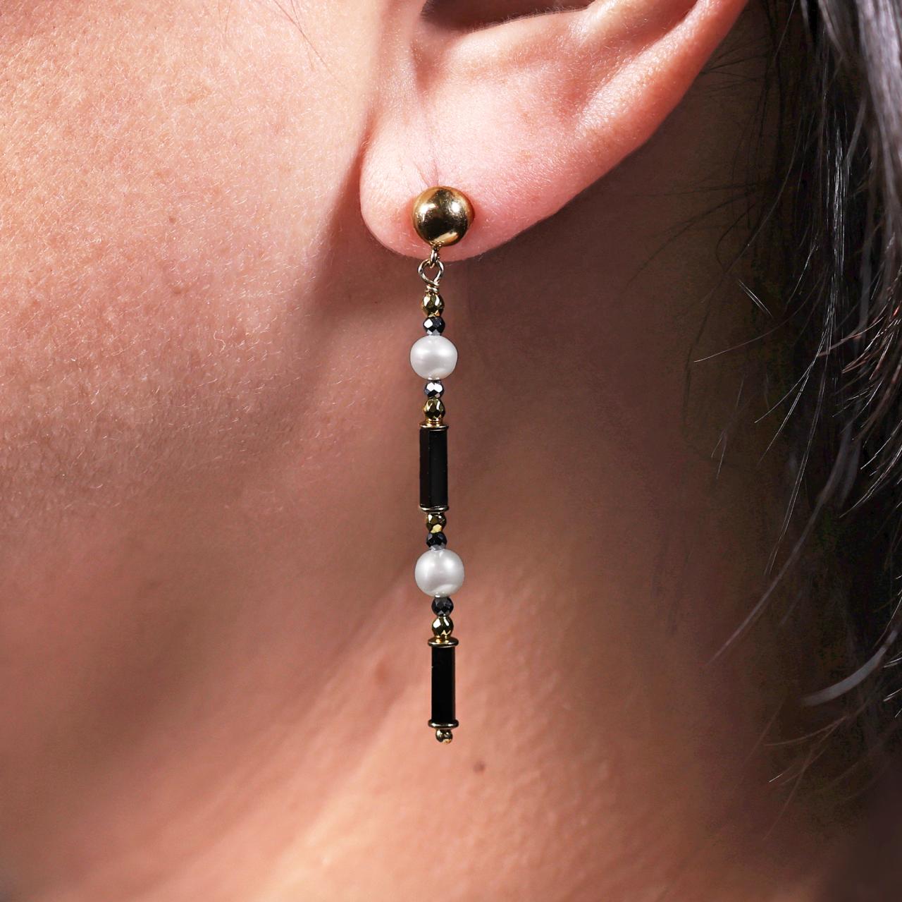 Hematite and fresh water pearls drop earrings with gold-plated silver fittings from the Carmela Cerrone Collection
