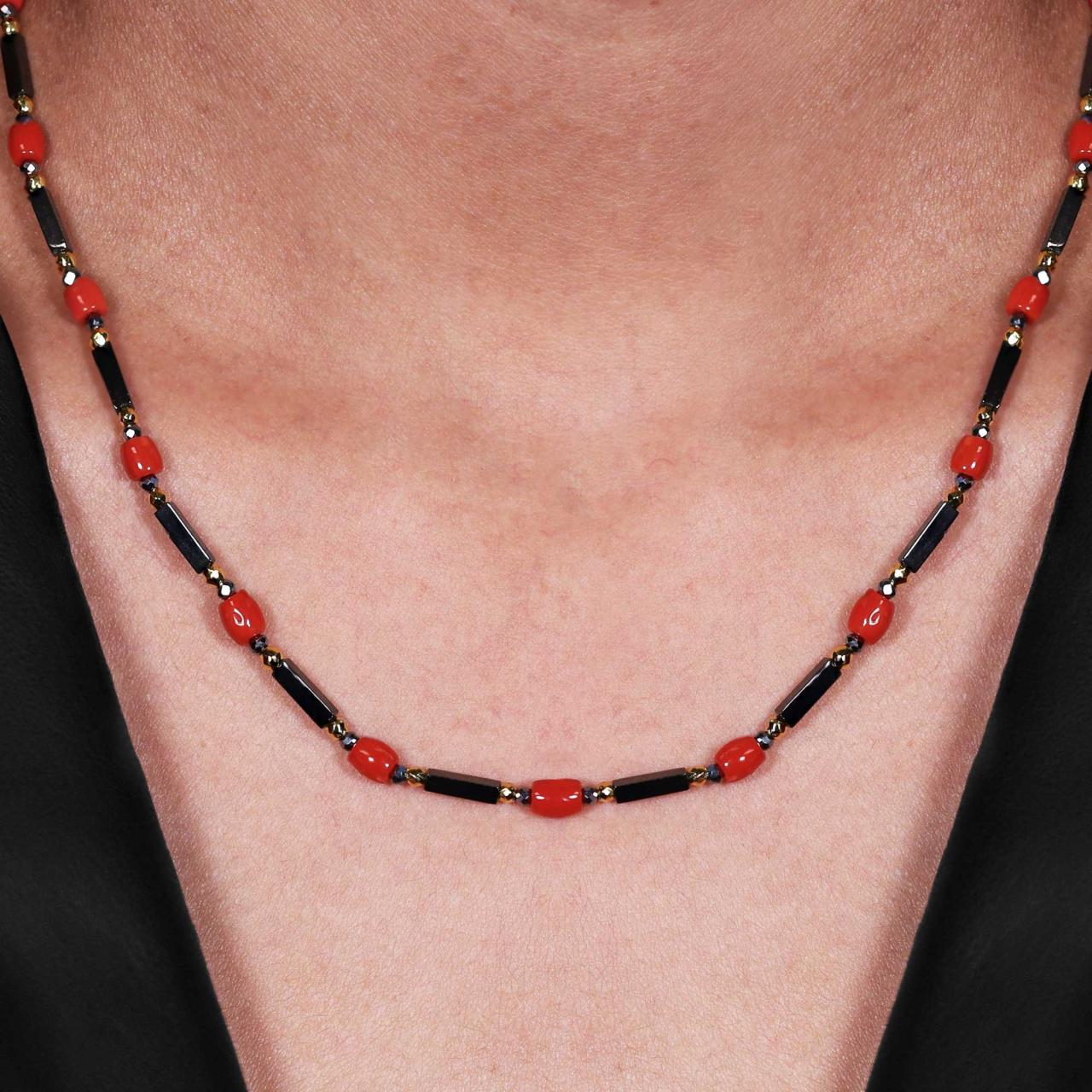 Hematite and coral beads necklace with gold-plated silver fittings from the Carmela Cerrone Collection
