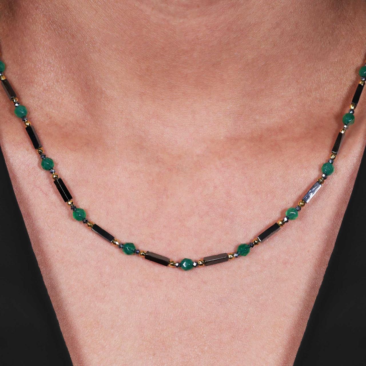Hematite and green agate beads necklace with gold-plated silver fittings from the Carmela Cerrone Collection