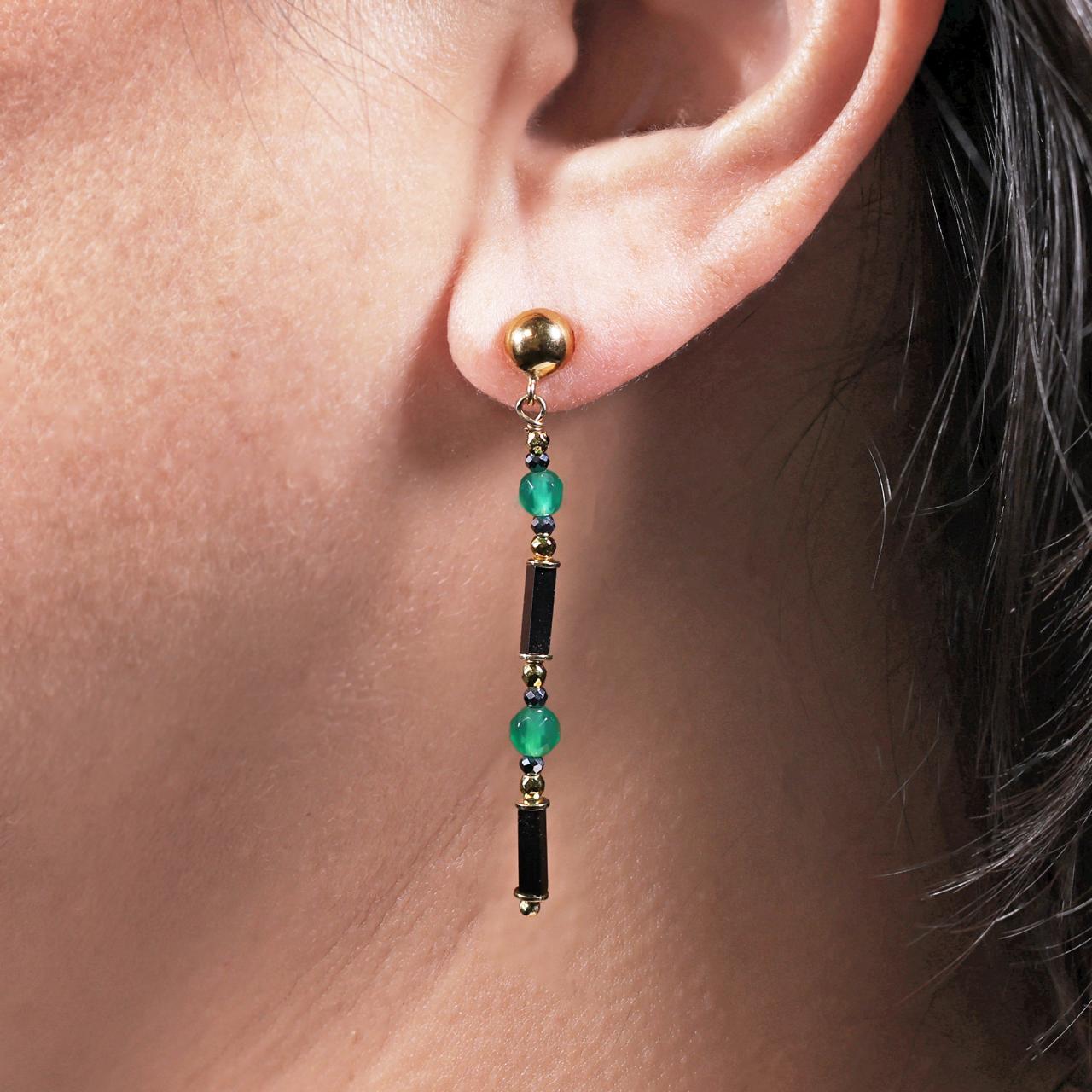 Hematite and green agate beads drop earrings with gold-plated silver fittings from the Carmela Cerrone Collection