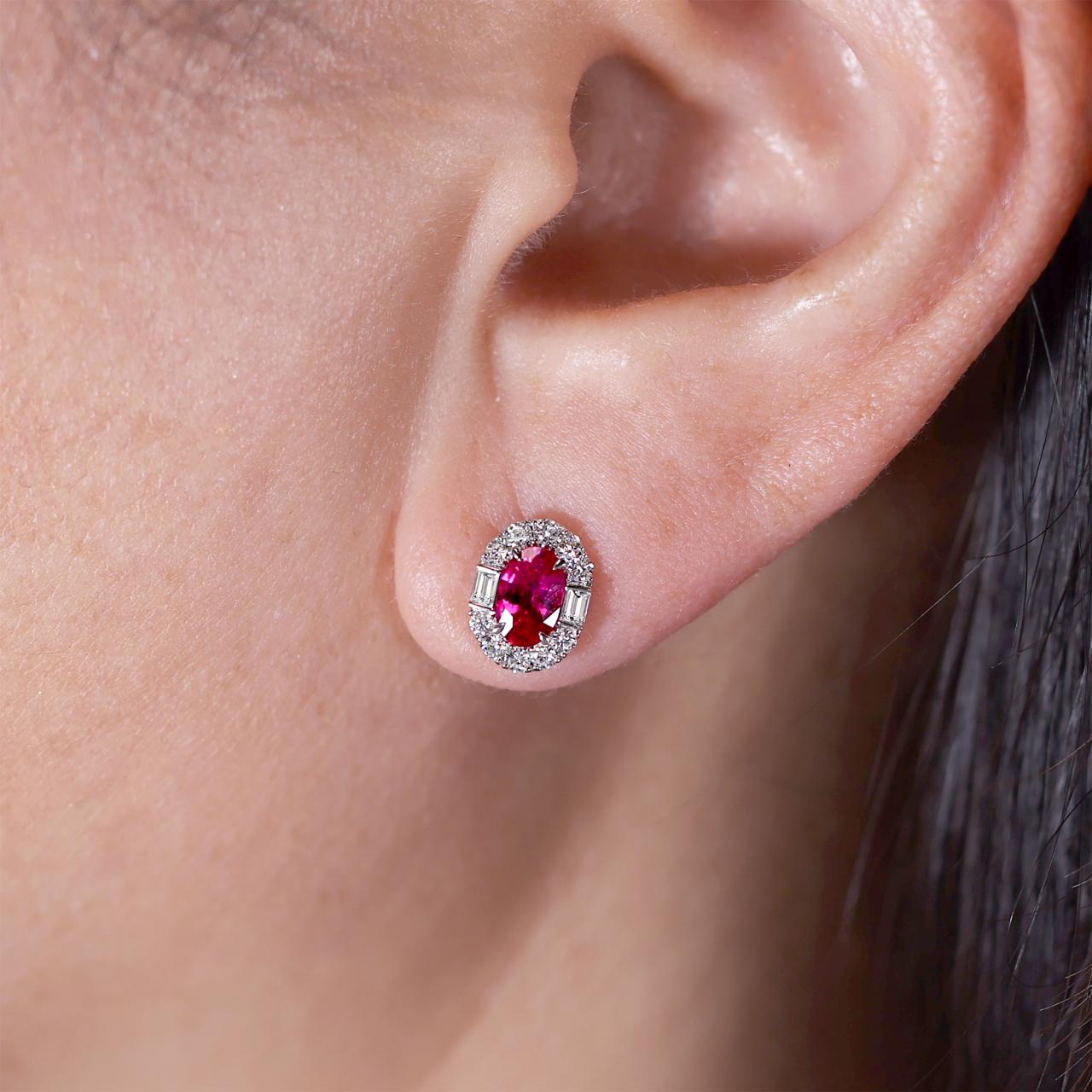 18ct white gold oval Mozambique rubies pigeon blood red & diamond stud earrings