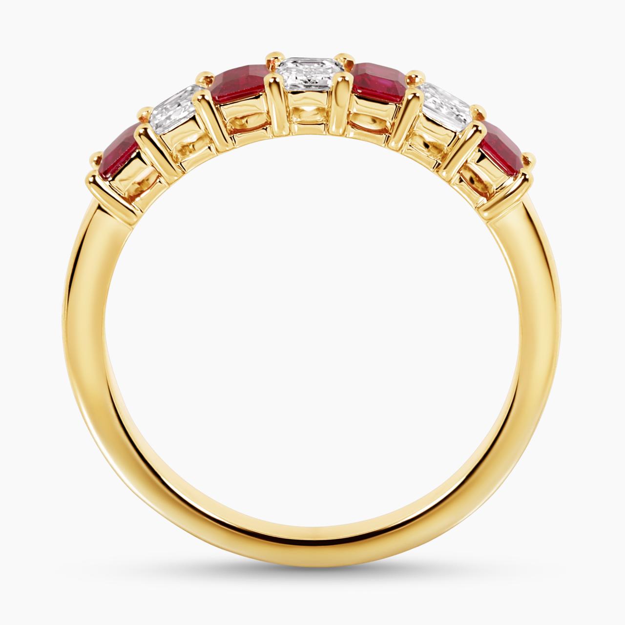 18ct yellow gold emerald cut ruby & diamond claw set ring