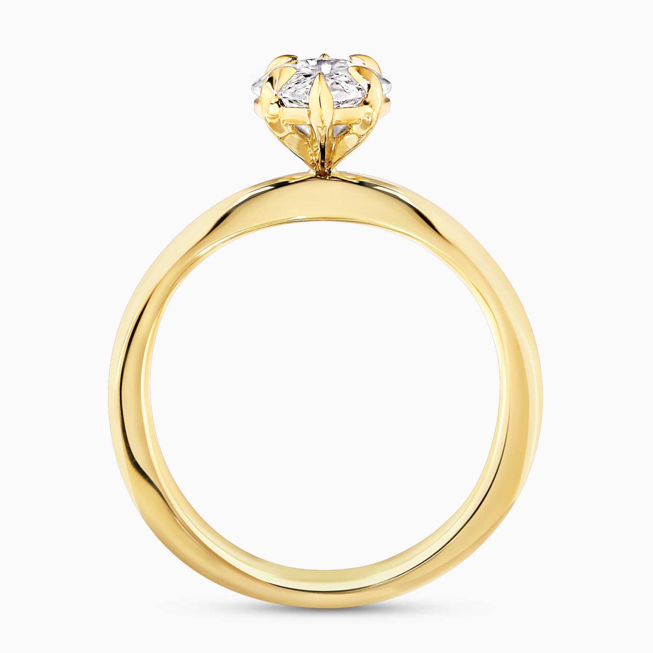 18ct yellow gold marquise Lab grown diamond solitaire ring in a six claw setting side profile