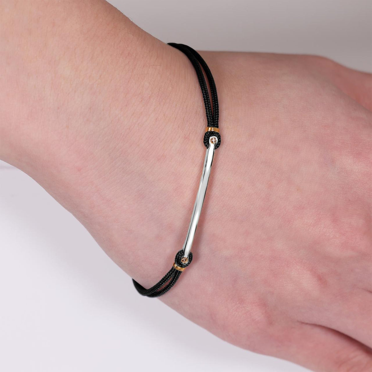 18ct white and rose gold bar black cotton rope men's bracelet 20cm