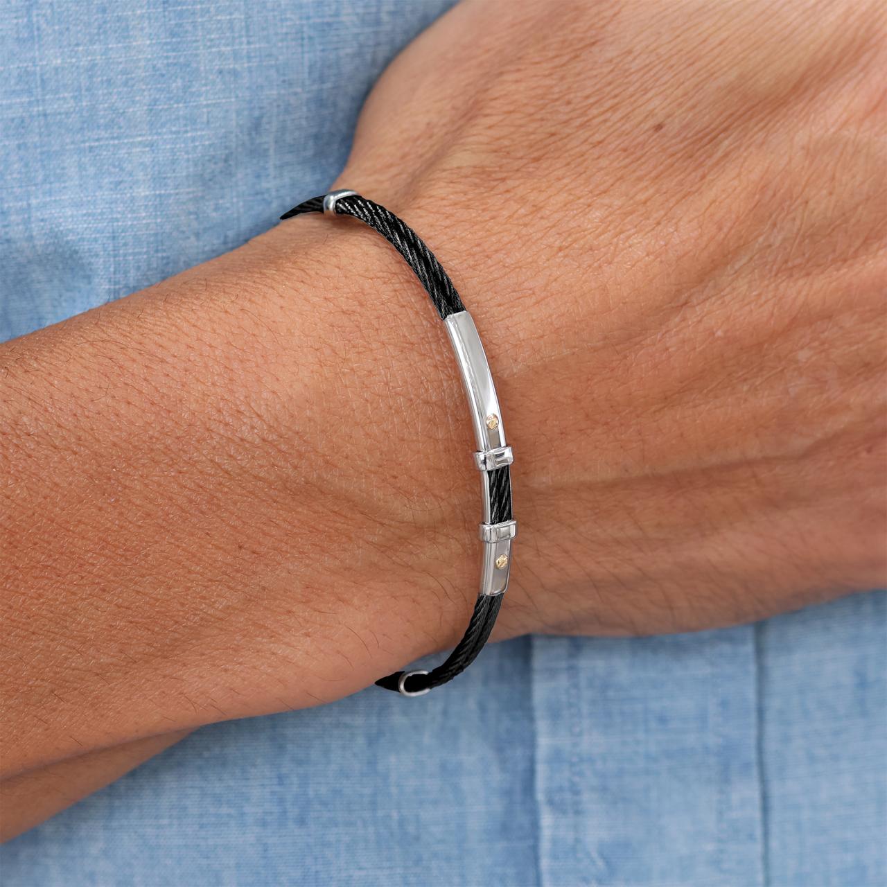Stainless steel and 18ct yellow gold black woven rope men's bracelet 20cm on the wrist