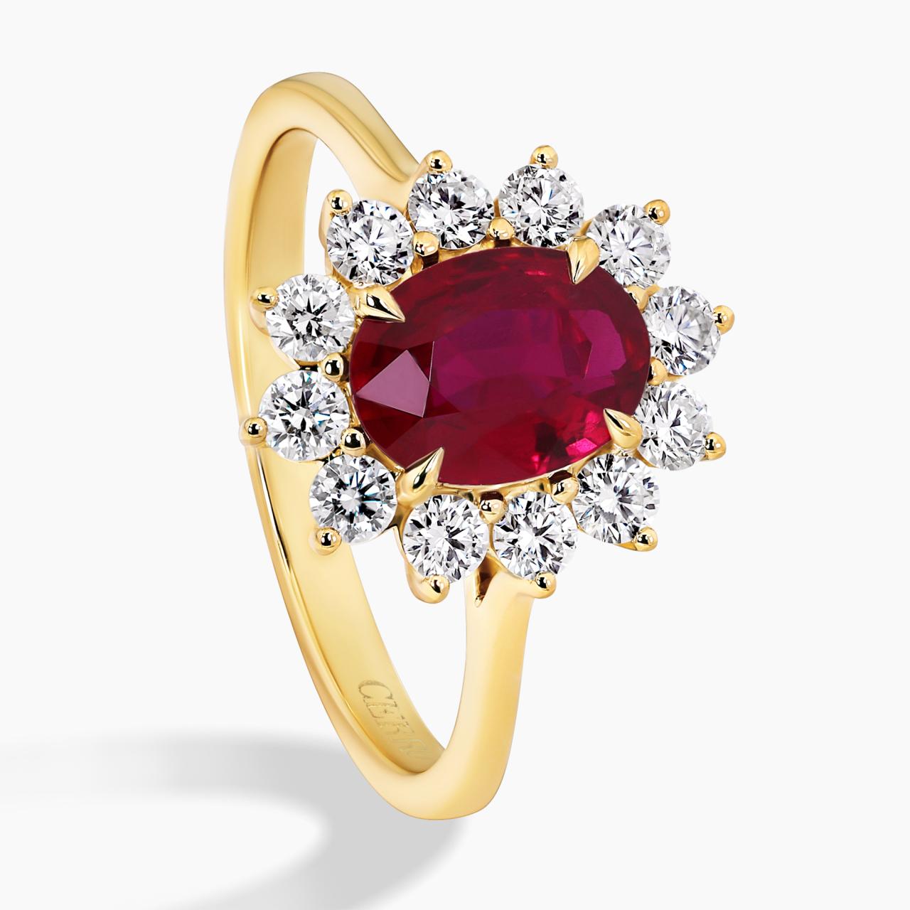 18ct yellow and white gold 1.12ct oval cut ruby and diamond ring side view