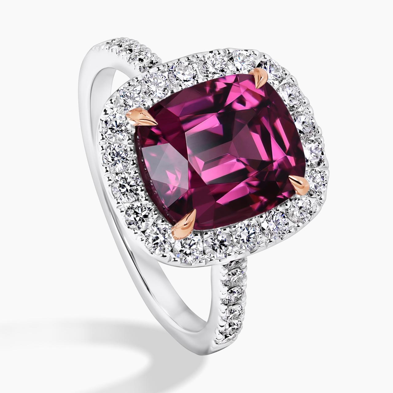 18ct white and rose gold 4.19ct cushion cut Rhodolite and diamond ring side view