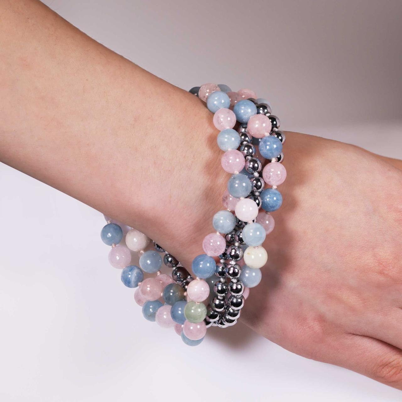 Three rows of mixed colour beryl and two rows of silver plated hemitite beads bracelet ended with a silver magnetic clasp from the Carmela Cerrone Collection