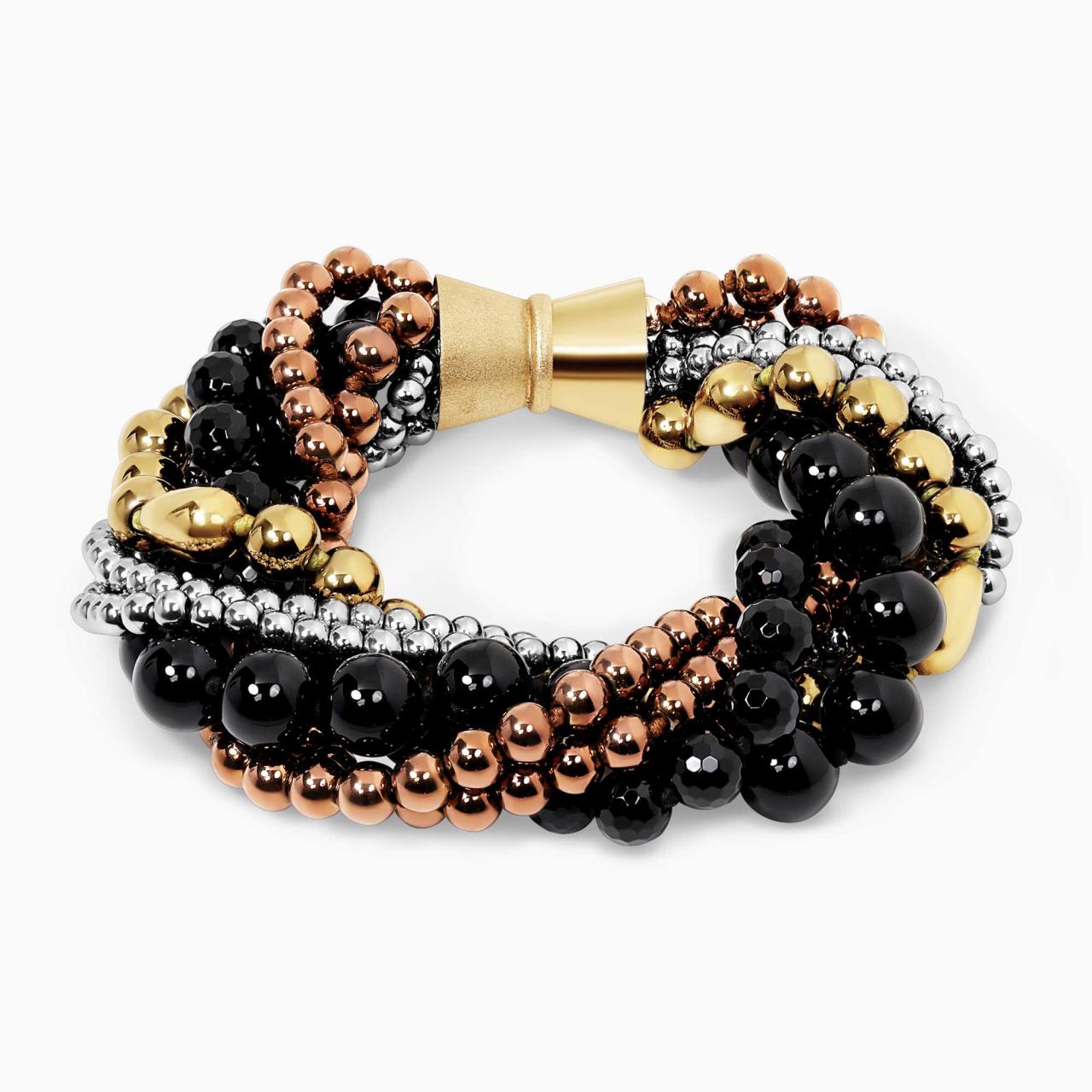Single row of gold plated agate, two rows of silver plated hemitite, copper plated hemitite and onyx beads bracelet ended with a gold plated magnetic clasp