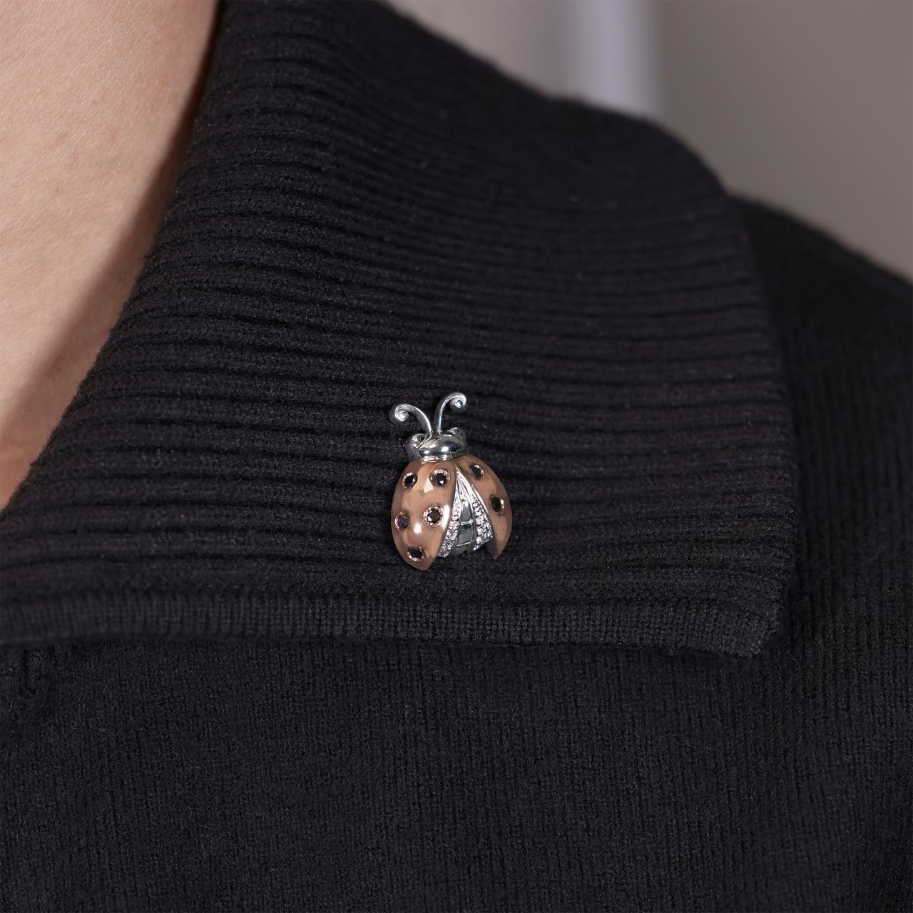 18ct white and rose gold black and white diamonds lady bug lapel pin