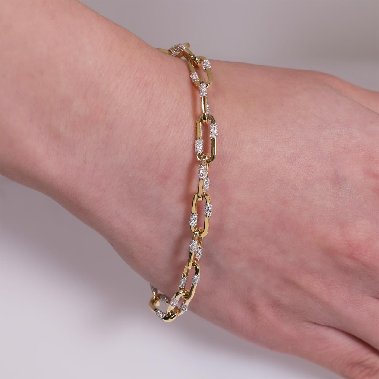 18ct yellow gold diamond pave set paperclip bracelet with spring hinge clasp
