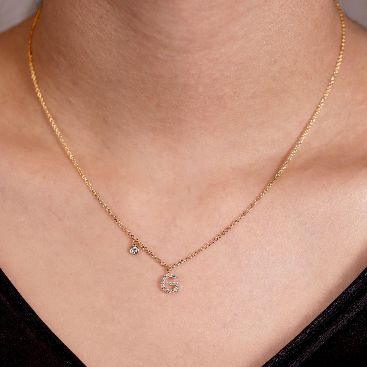 18ct yellow gold diamond initial "G" necklace with bezel