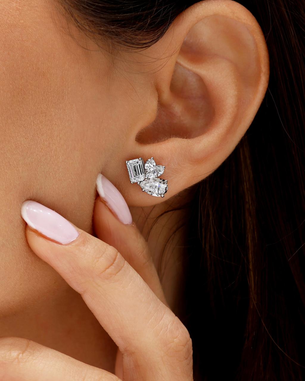 18ct white gold heart, pear and emerald cut Lab Grown Diamonds stud earrings