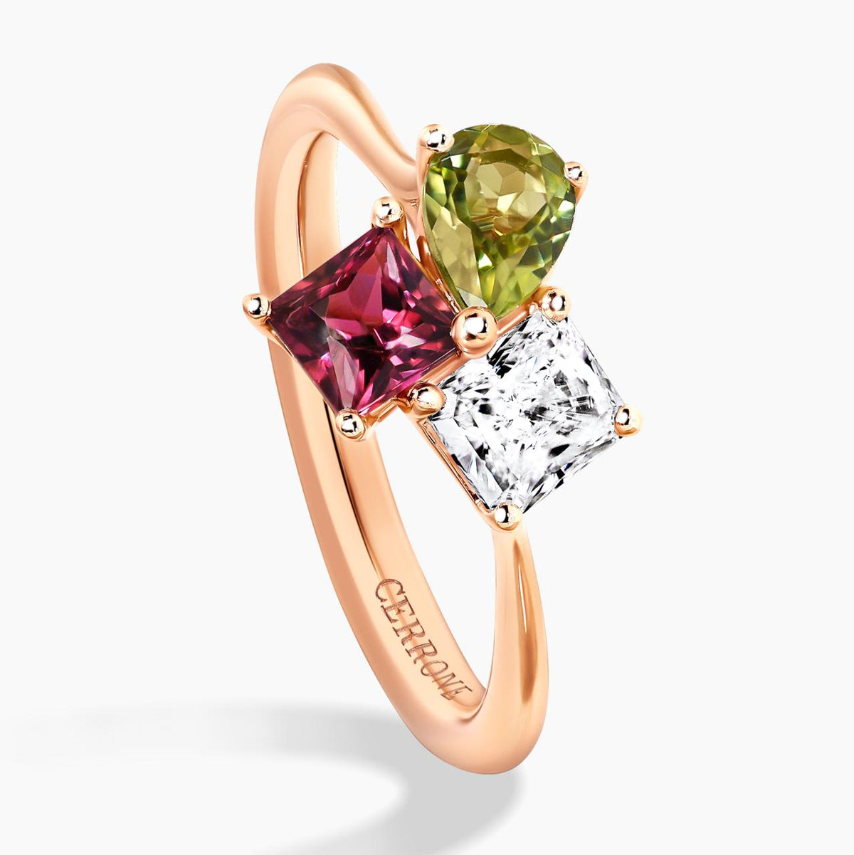 18ct rose gold diamond, peridot and tourmaline ring