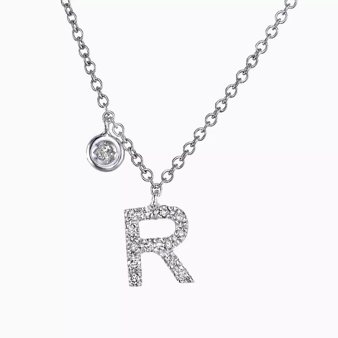 18ct white gold diamond initial “R” necklace