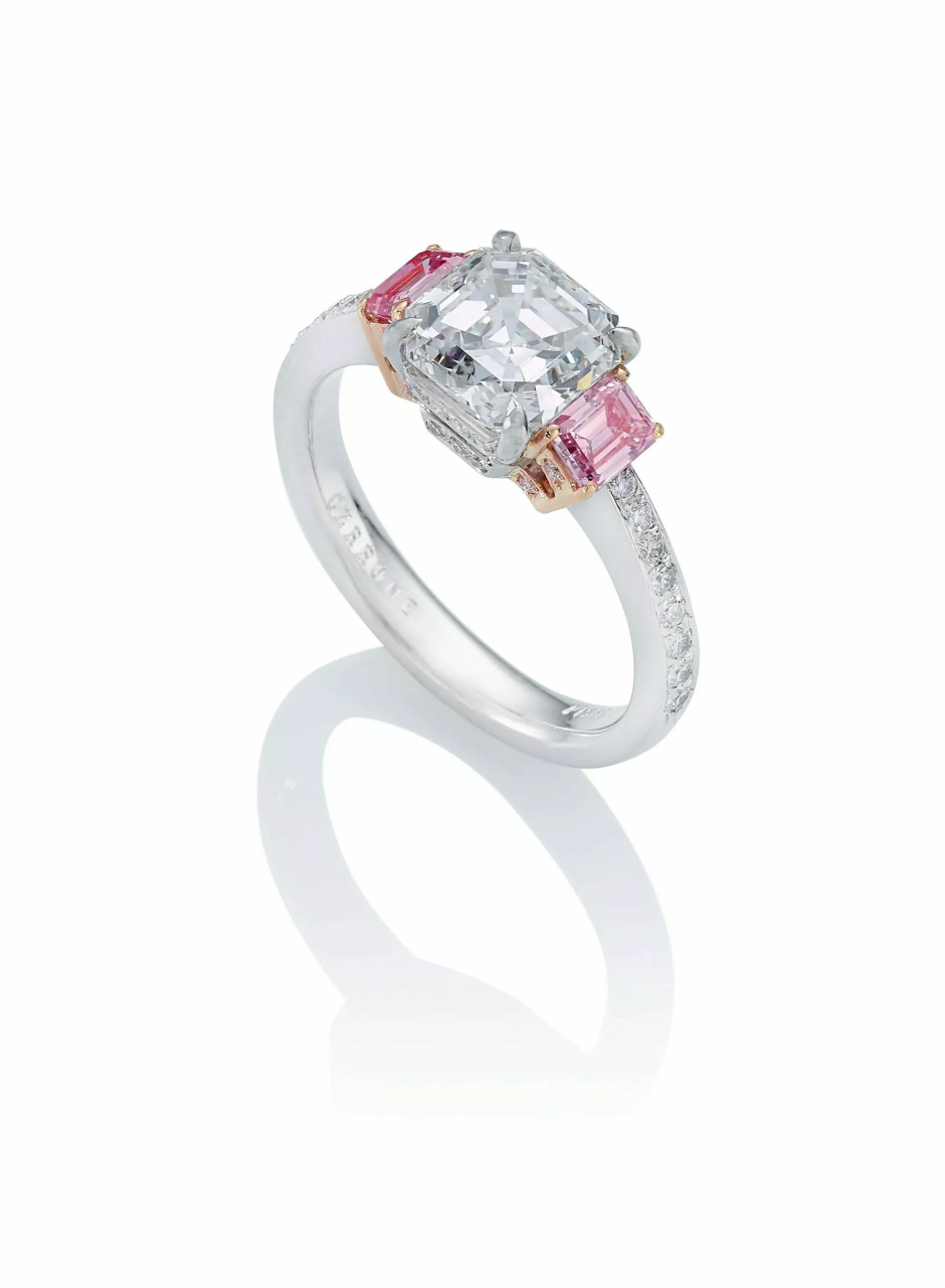 Platinum and 18ct rose gold Asscher and pink diamond emerald cut pink and white diamond ring side profile