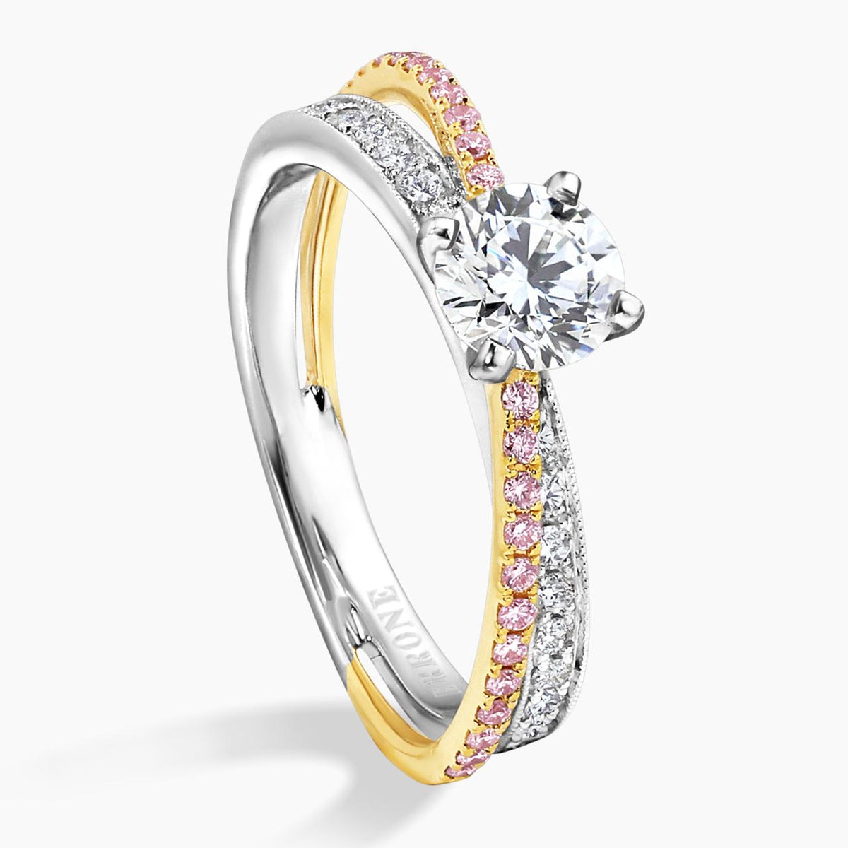 18ct White and Rose Gold 0.75ct Round Brilliant cut Diamond Ring with pink and white round diamonds on the band