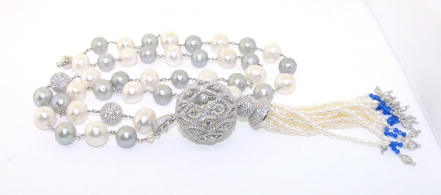 White and silver Freshwater pearls, cubic zirconia balls and blue lapis tassel pendant necklace