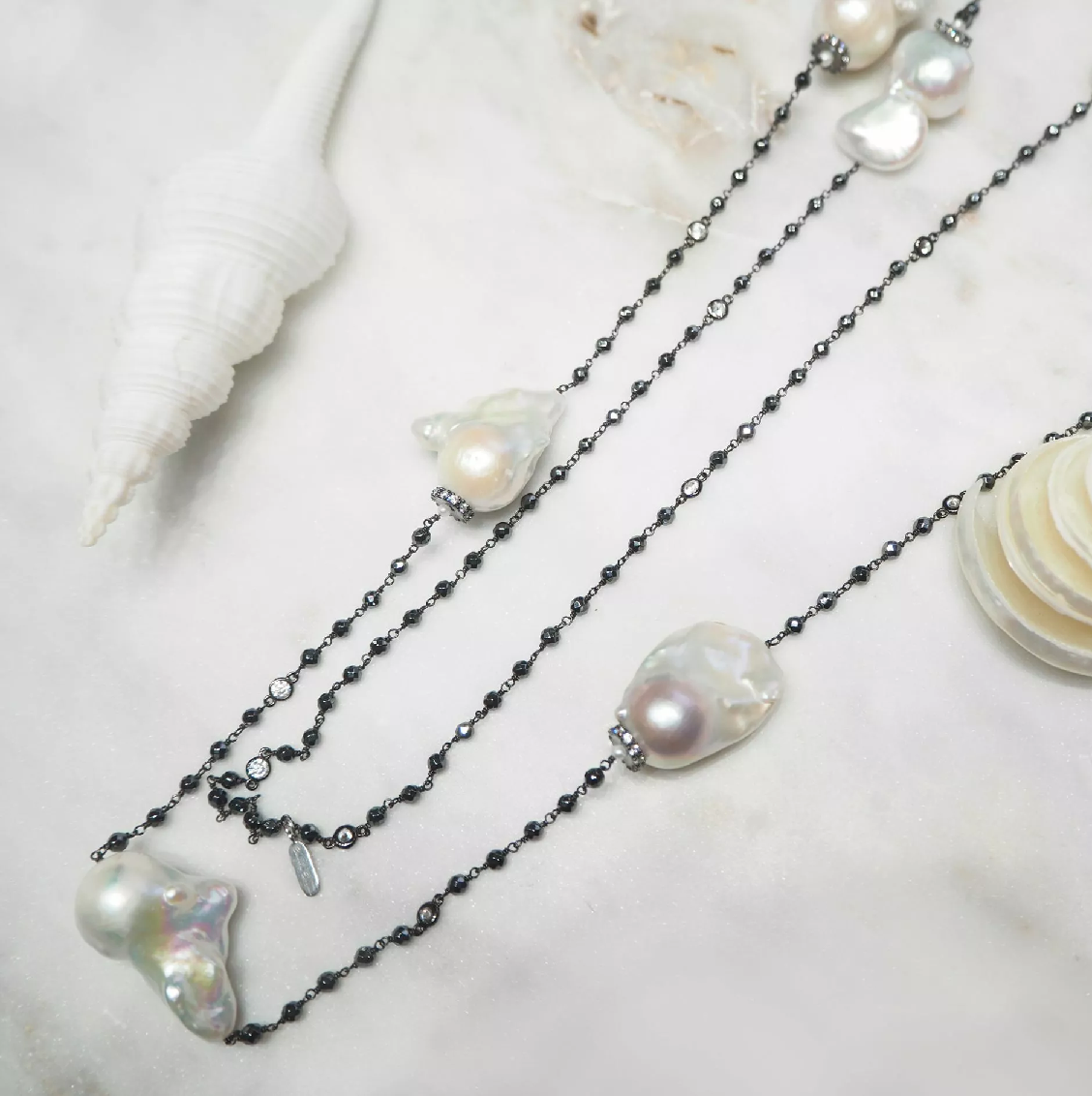 Baroque fresh water pearl hematite beads and black rhodium silver cubic zirconia necklace