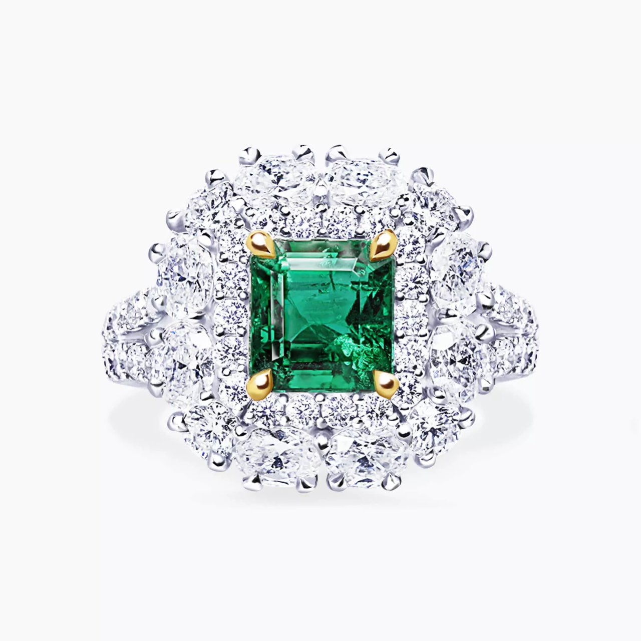 18ct white and yellow gold GRS certified 2.04ct vivid green Brazilian emerald, oval and round brilliant cut diamond double halo split band ring