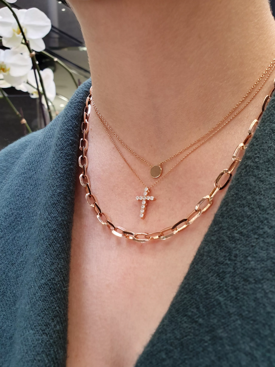 18ct rose gold faceted long link chain