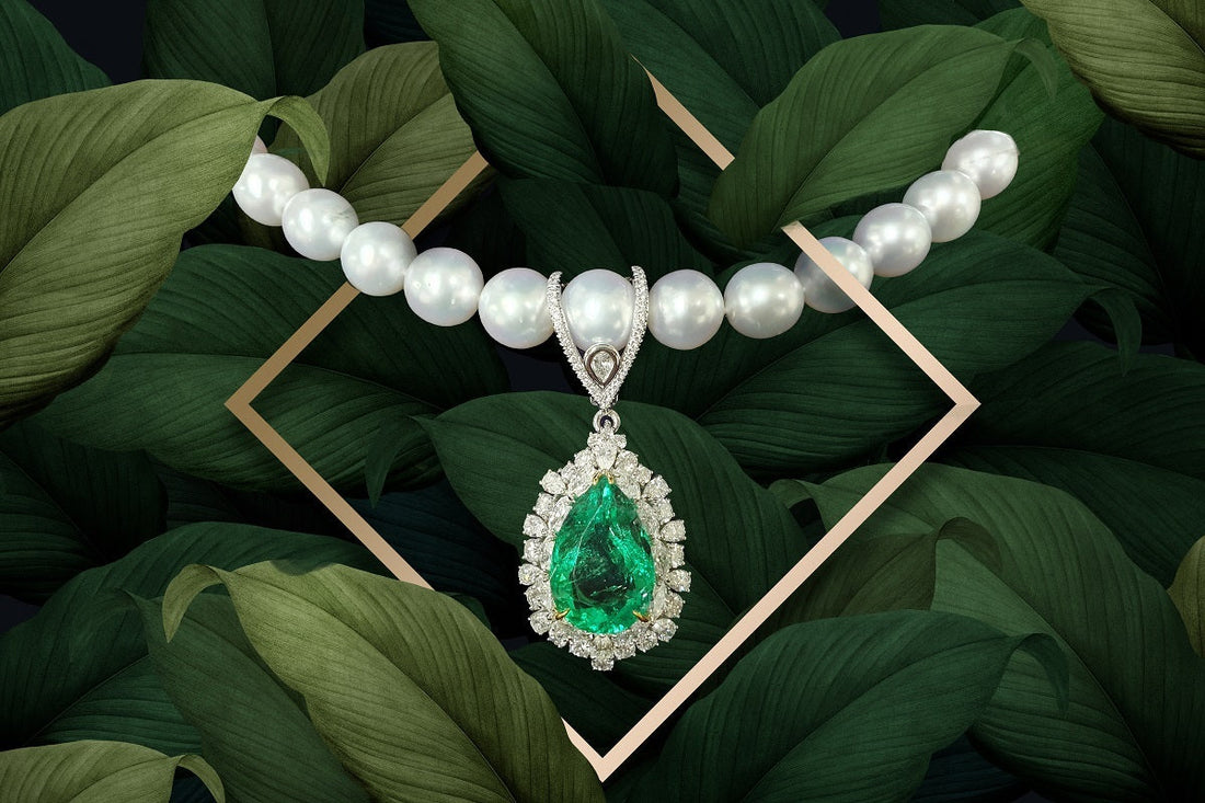 'The La Scala necklace' 18ct white gold 19.30ct pear shape Colombian emerald and diamond pearl necklace