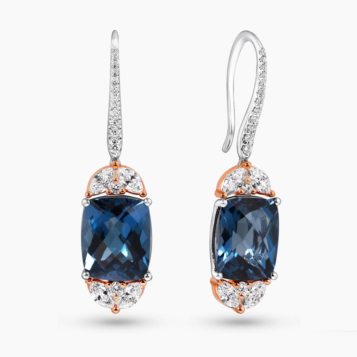 18ct rose and white gold 2=12.60ct cushion London blue topaz and diamond hook earrings