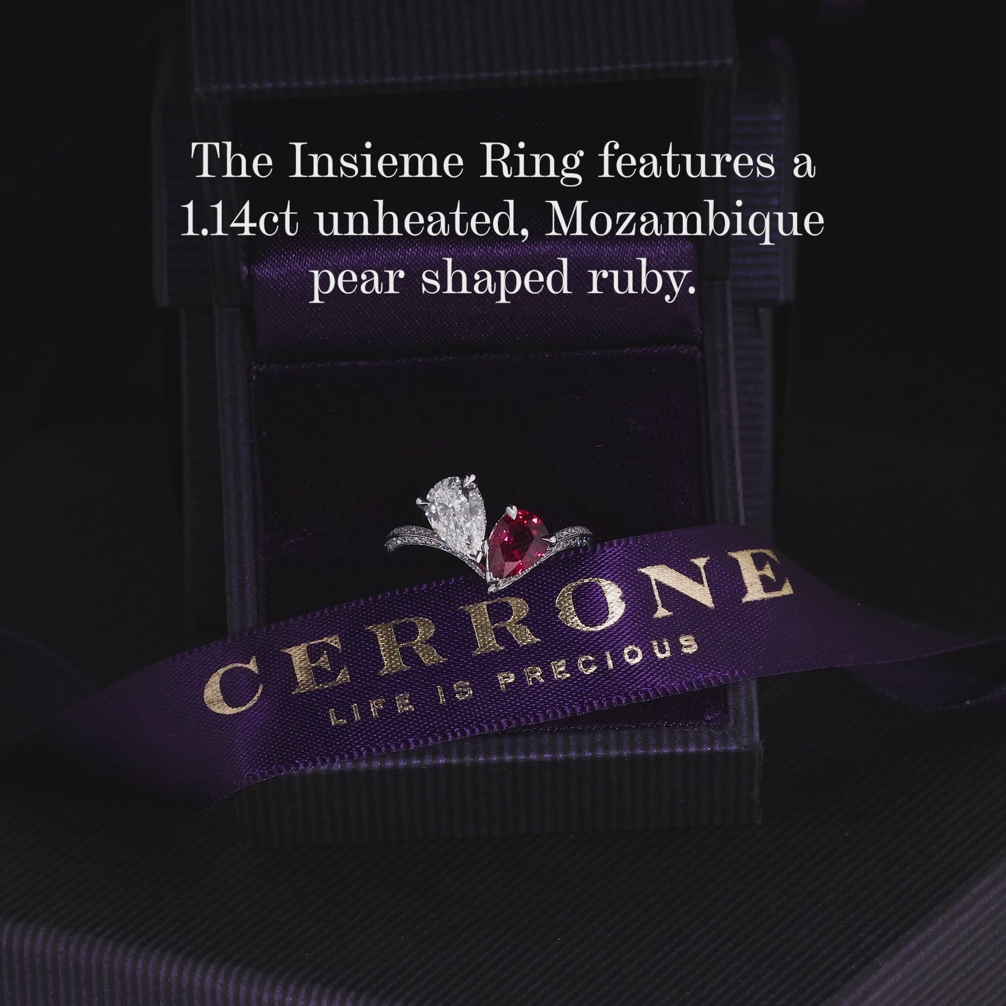 INSIEME - 18ct white gold pear and round brilliant cut Mozambique ruby and diamond knife edge ring