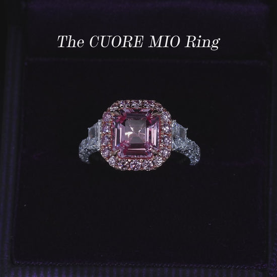 Platinum and 18ct rose gold octagonal step cut natural pink Madagascan Padparadscha unheated sapphire and Argyle Pink diamond ring video