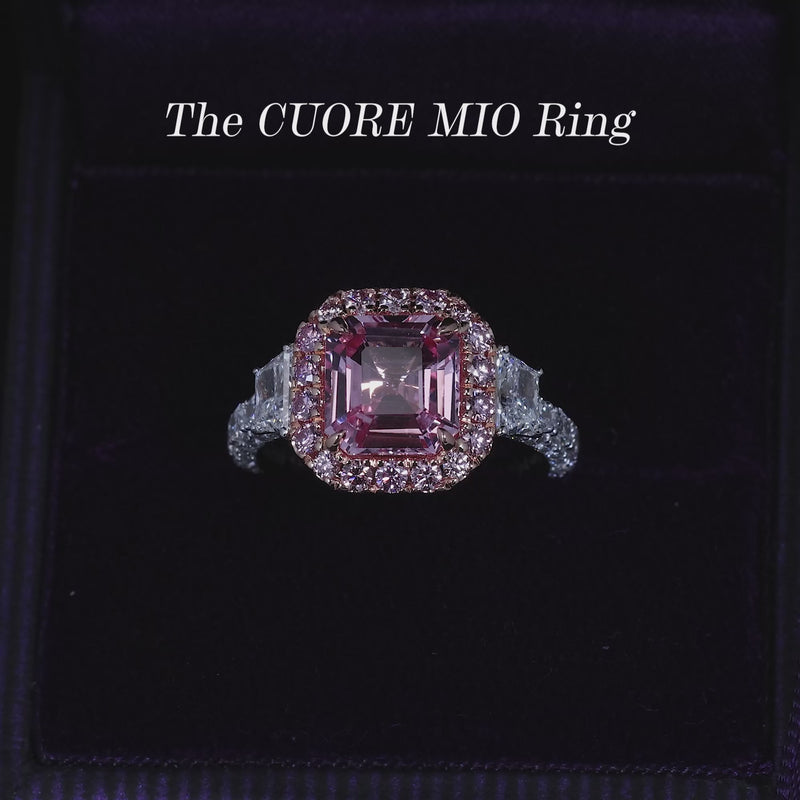 Platinum and 18ct rose gold octagonal step cut natural pink Madagascan Padparadscha unheated sapphire and Argyle Pink diamond ring video