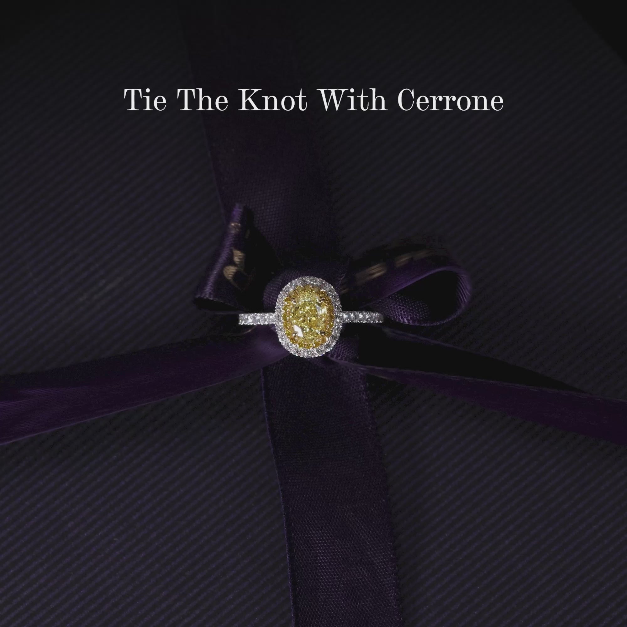 Platinum and 18ct yellow gold Fancy Intense Yellow oval and round brilliant cut diamond claw set double halo engagement ring video