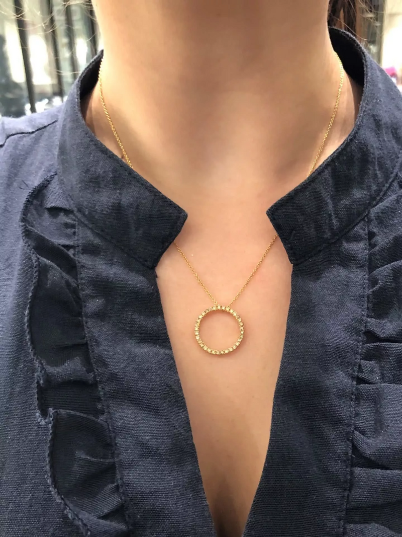 18ct Yellow gold Australian Cognac diamonds circle necklace displayed on the neck