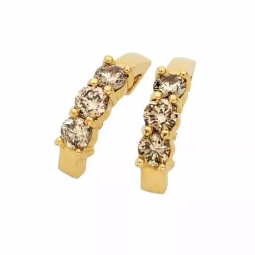 A pair of 18ct yellow gold cognac half hoop earrings with round brilliant cut diamonds.