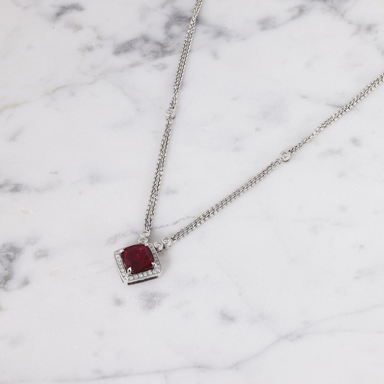 18ct white gold 2.46ct cushion cut rubelite and diamond necklace