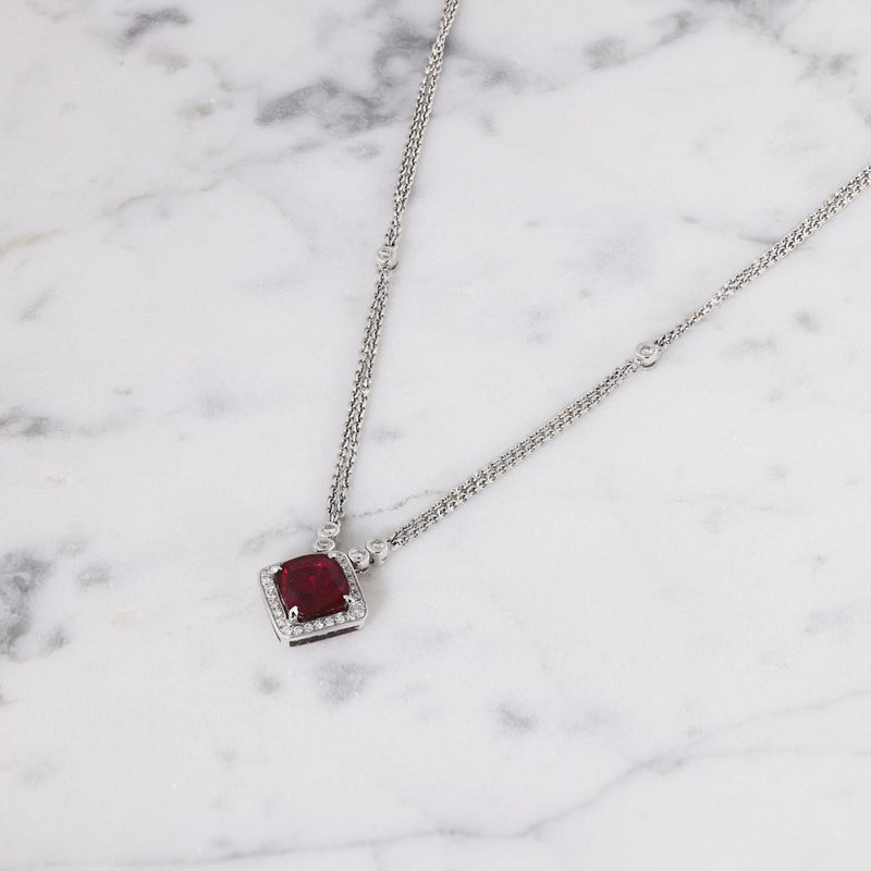 18ct white gold cushion cut rubelite and diamond necklace