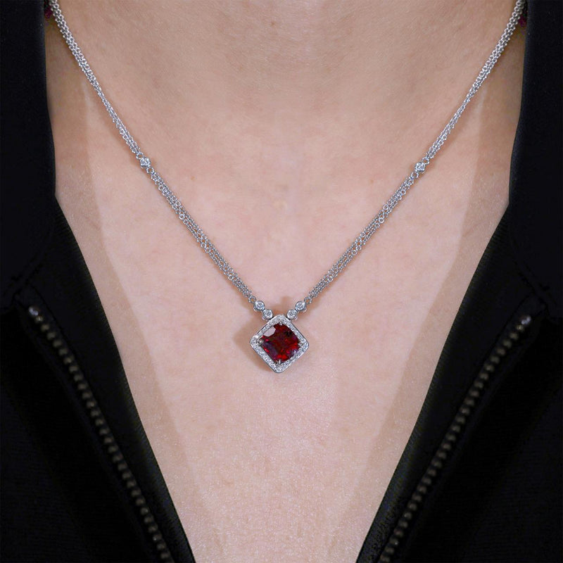 18ct white gold cushion cut rubelite and diamond necklace on the neck
