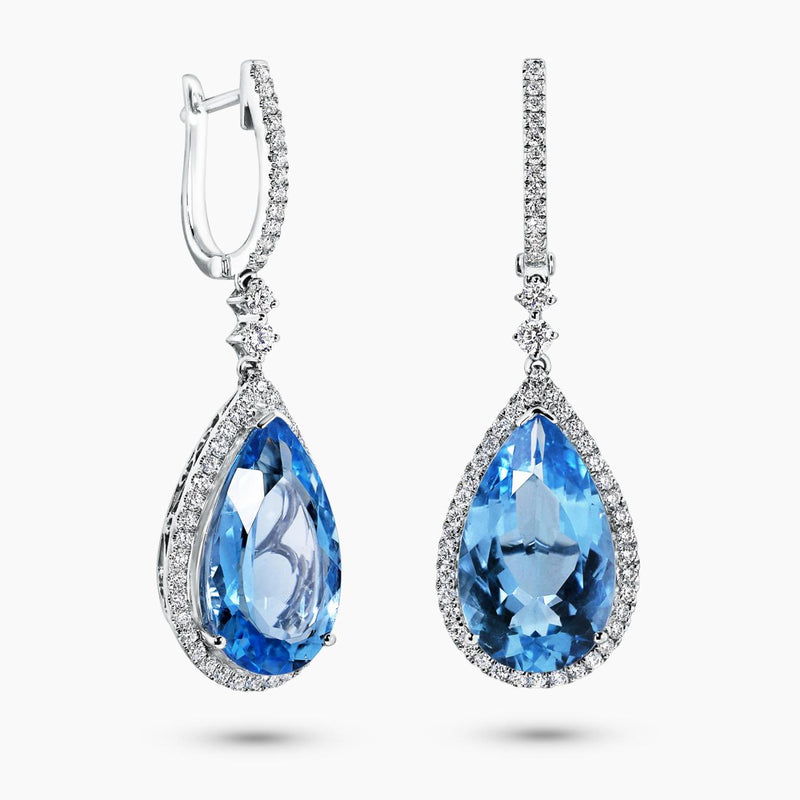 18ct white gold pear shape aquamarines and diamond drop earrings