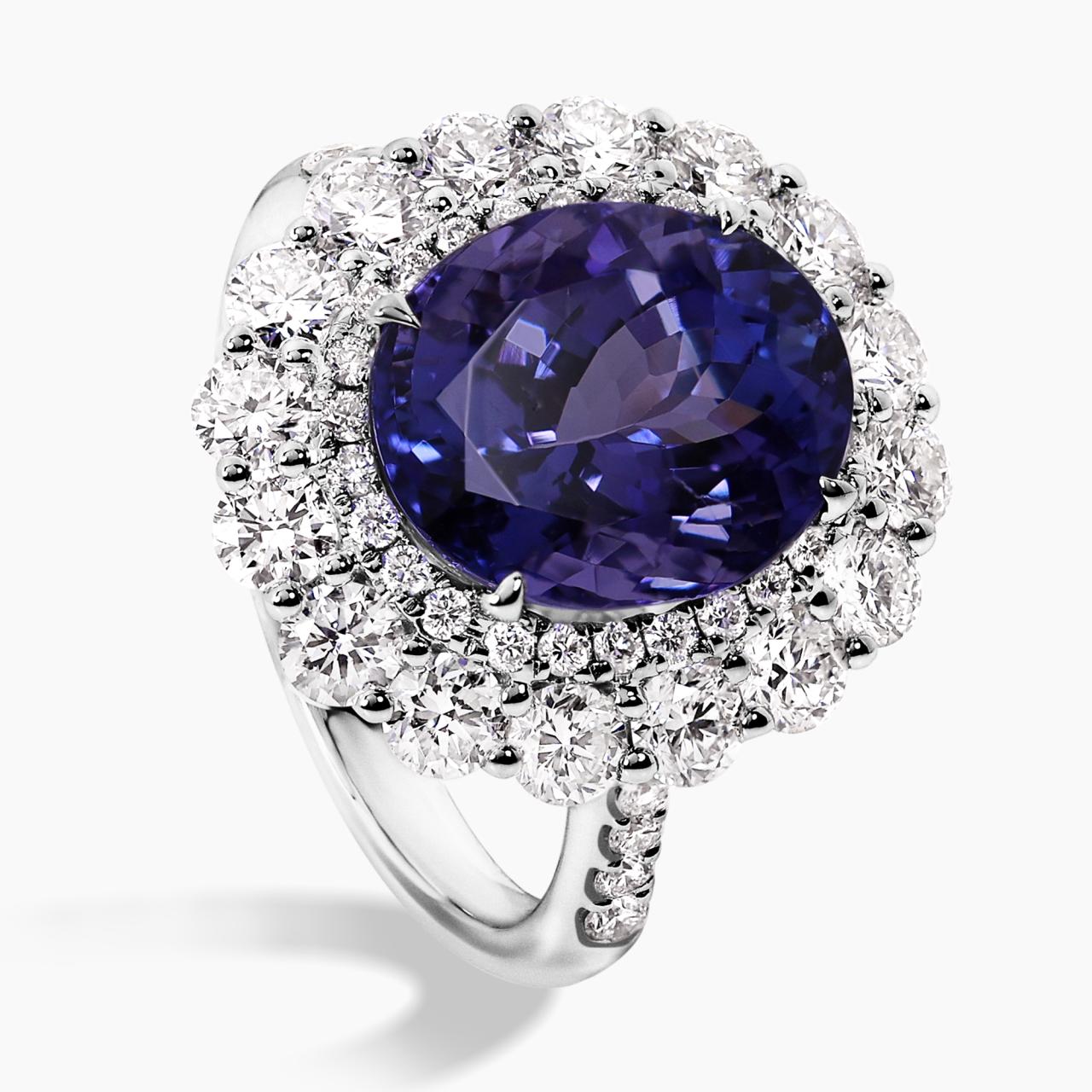 18ct white gold tanzanite and round brilliant cut diamond claw set double halo ring