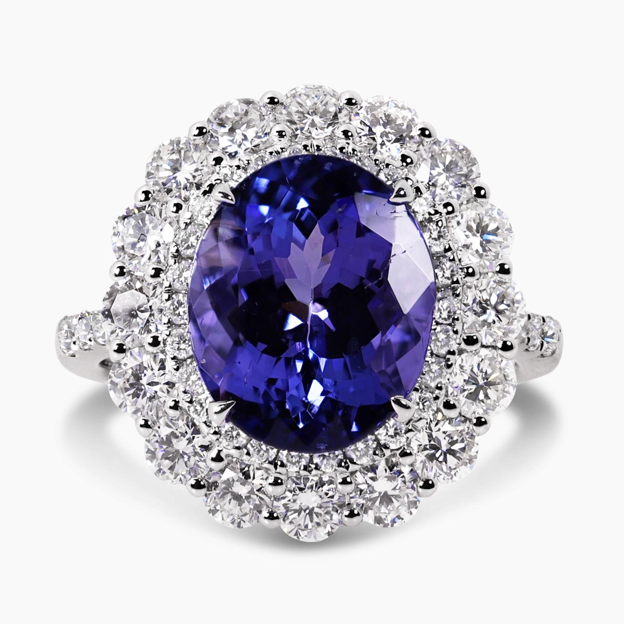 18ct white gold tanzanite and round brilliant cut diamond claw set double halo ring