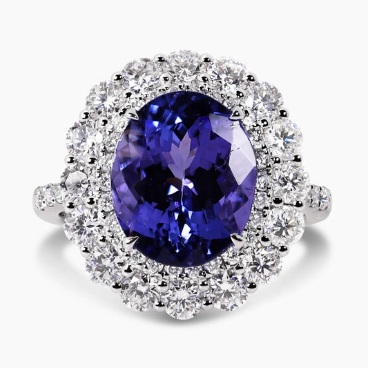 18ct white gold 5.38ct tanzanite and round brilliant cut diamond claw set double halo ring