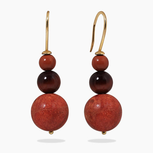 18ct Yellow Gold Coral, Tiger Eye and Jasper Drop Earrings