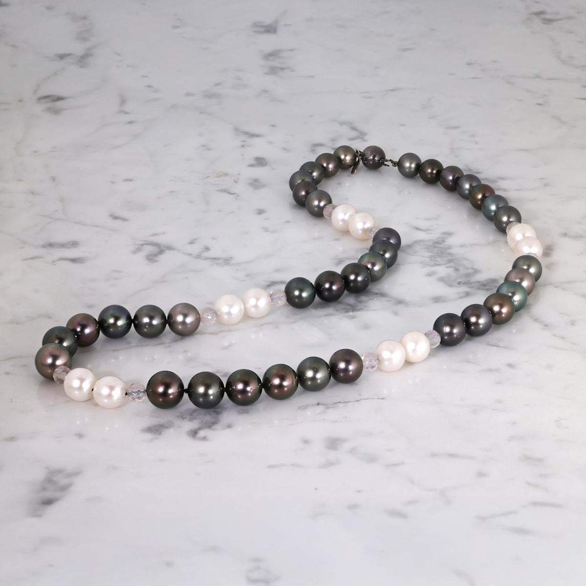 Tahitian and Freshwater pearl necklace with rose quartz & silver clasp