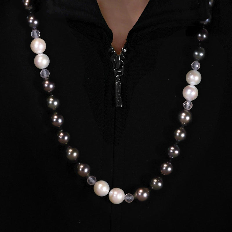 Tahitian and Freshwater pearl necklace with rose quartz & silver clasp on neck