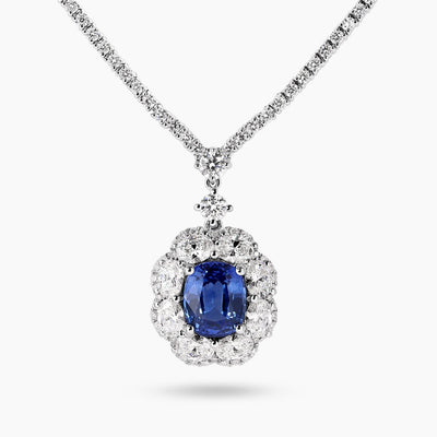 18ct white gold oval ceylon sapphire & diamond drop necklace